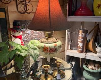 gorgeous floral vintage lamp, candlesticks, antique oil lamp