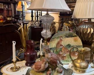 vintage crystal and brass lamp, quail family figurine, brass pitcher, brass candlesticks