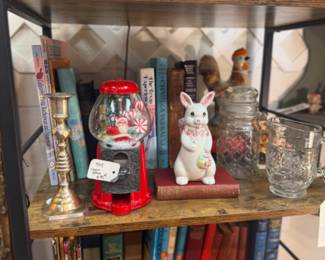 bunny statue, pyrex wheat bowls, brass candlesticks