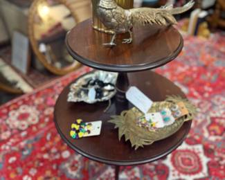 2 tiered table, vintage peacock figure brass decorative pineapple