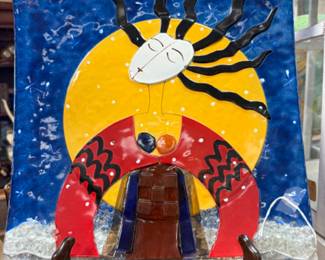 Fused studio style glass art panel featuring design in style of Picasso 