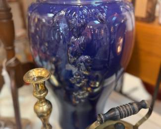 large blue vase, brass tea pot & candlestick