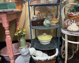 cat figurine, vintage table, pink wooden shabby chic farmhouse table, teapot