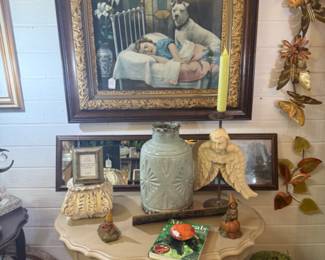 sweet child sleeping framed artwork, vase, side table