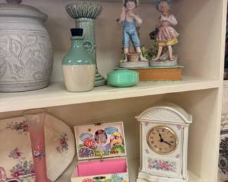 clocks, boy and girl figurines, vintage ballerina jewelry box, vase