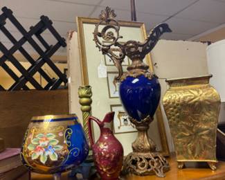 vintage pitchers, candlesticks, vase