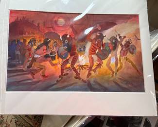 Mandan men performing Buffalo dance watercolor