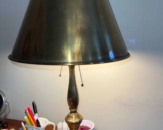 Vintage brass bouilotte lamp with candlestick base and metal shade