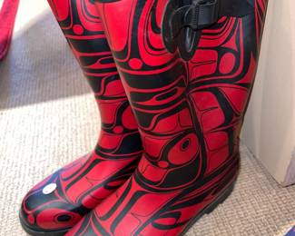 Rubber boots with Haida design by artist Corey Bulpitt