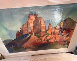 Sun-drenched desert vista painting, possibly Sedona, Arizona