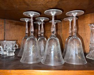 Vintage Colony handcrafted etched floral bell-shaped wine glasses
