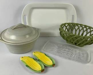Vintage Kitchen  Serving Lot  Stangl Stoneware, Italian Tray, Glass Relish Dish  Corn Holders