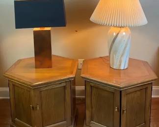 Two Octagonal MidCentury End Tables With Two Lamps