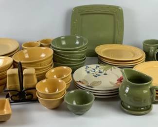 Longaberger Pottery Dinnerware  Glassware Lot  Yellow  Sage Green