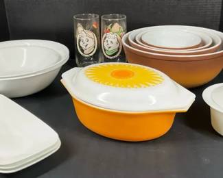 Vintage Kitchen  Glassware Collection with PyrexStyle Casseroles and Chipmunks Tumblers
