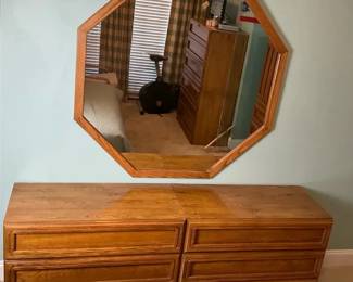 MidCentury Style Wooden 6Drawer Dresser with Octagonal Wall Mirror