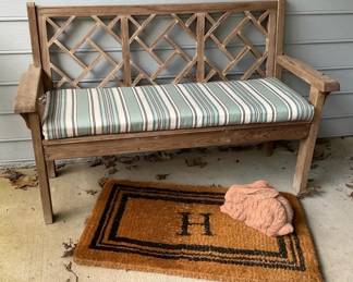 Outdoor Wooden Lattice Bench with Striped Cushion and H Coir Doormat
