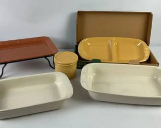 Longaberger Pottery  Serving Dish Lot  Divided Dish, Bakers, Stand  Crock
