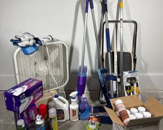 Lot Of Cleaning Supplies, Box Fan, Stepstool