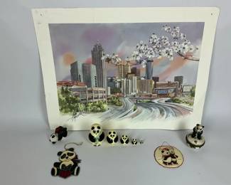 Atlanta Skyline Art Print w  Panda Collectibles Lot  Nesting Dolls  Ornaments