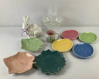 Easter Bunny Figurine, Leaf Dishes, Polka Dot Plates  Glass Basket