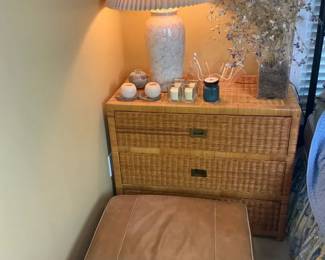 Wicker Nightstand w  Lamp  Leather Ottoman