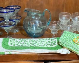 Cobalt Rim Margarita Glasses with Pitcher and Irish Linen Set