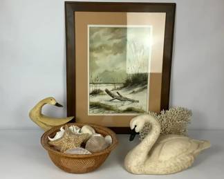 Coastal Framed Beach Print with Swan Figures, Coral  Shell Decor