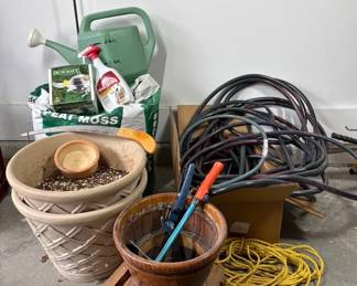 Garden  Outdoor Supply Lot  Planters, Hose, Tools, Peat Moss  More