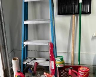 Werner 6ft Step Ladder w  Garage Supply Lot  Jumper Cables, Fluids, Tools  More