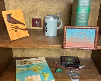 Eclectic Decor  Collectibles Beer Stein, Military Book, Atlas  Army Knife