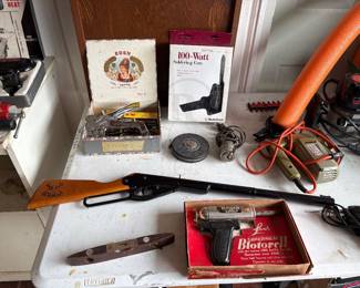Soldering gun, antique level, BB gun
