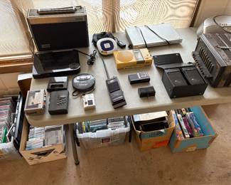 Radios, CD player, DVD player, vintage yellow radio