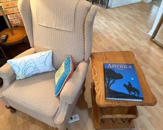 Recliner and vintage oak side table/magazine rack
