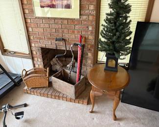 Side table, wooden crate, walking canes
