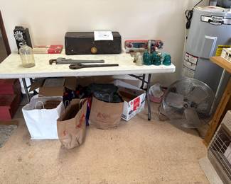 Glass insulators, vintage radio, payphone, vintage White House vinegar bottle