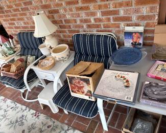 Punch bowl and two more sunroom, chairs, and a table