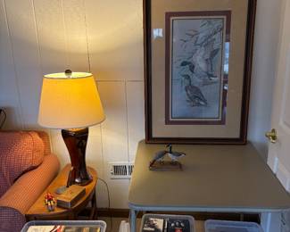 Picture, side table, and lamp