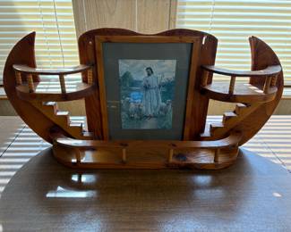 VTG "Moon with steps" wooden wall shelf featuring picture frame with scene of Jesus.