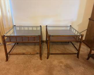 VTG Mid-Century Modern Side Table Set Faux Bamboo Frame & Glass Top