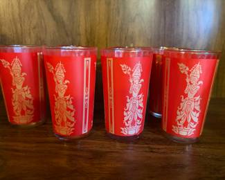 VTG Mid-Century Set of 7 Culver Highball Glasses "Thai Goddess" 1960s Red