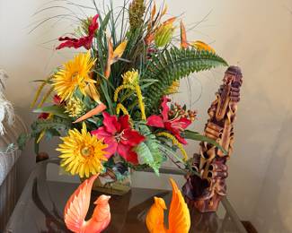 VTG Mid-Century "Blaze Orange" Ceramic Pheasants Figurines / VTG Hand Carved Sculpture Ribbon Candle 