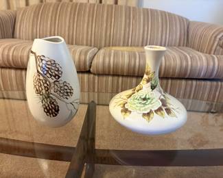 Collectible Ceramic hand-painted Pinecone & Branch design vase /  VTG ceramic vase with white rose design with green