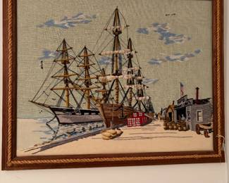 VTG Needlepoint or crewel embroidery artwork featuring a nautical scene