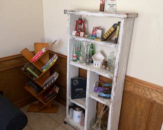 Book Tree for book display; vintage distressed white shelf with various antiques