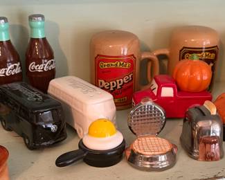Fried Egg and Frying Pan mini shakers; Vintage waffle iron and toaster mini shakers; Volkswagen Bus Shakers; Coca Cola bottle shakers; Truck with Pumpkin shakers; 