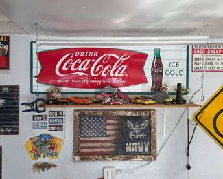 Retro Coca Cola Sign; Rustic wooden US Navy Flag; 1953 Wheaties Metal Bike License Plates; Diecast model cars
