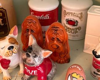 Blue Sky Clayworks French Bulldog Shakers; Vintage bloodhound shakers; Campbell's Tomato Soup Shakers; 