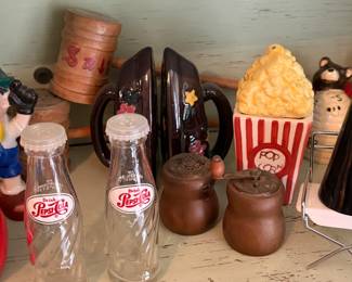 Popcorn tub magnetic shakers; grinder shakers; PepsiCo Bottle Shakers; Redware Clothes Iron shakers