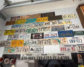 1984 Wisconsin "America's Dairyland;"    1997 Handicapped Mississippi Plate;   Vintage North Caroline; 2012 Centennial New Mexico plate; 1975 Alaska License Plate; 1938 plate; 1980 Indiana Plate (George Rogers Clark); 1958 10,000 Lakes Minnesota Plate; 1999 Kansas Plate;  Hawaii "Aloha State" plate; 1996 Colorado Plate; 1995 Virginia Truck Plate; 1983 Alabama plate; Vintage Yellow Pennsylvania plate; 1994 Texas Trailer; 2007 Tennessee plate; Antique Car Arkansas plate; 1995 Florida Plate; 